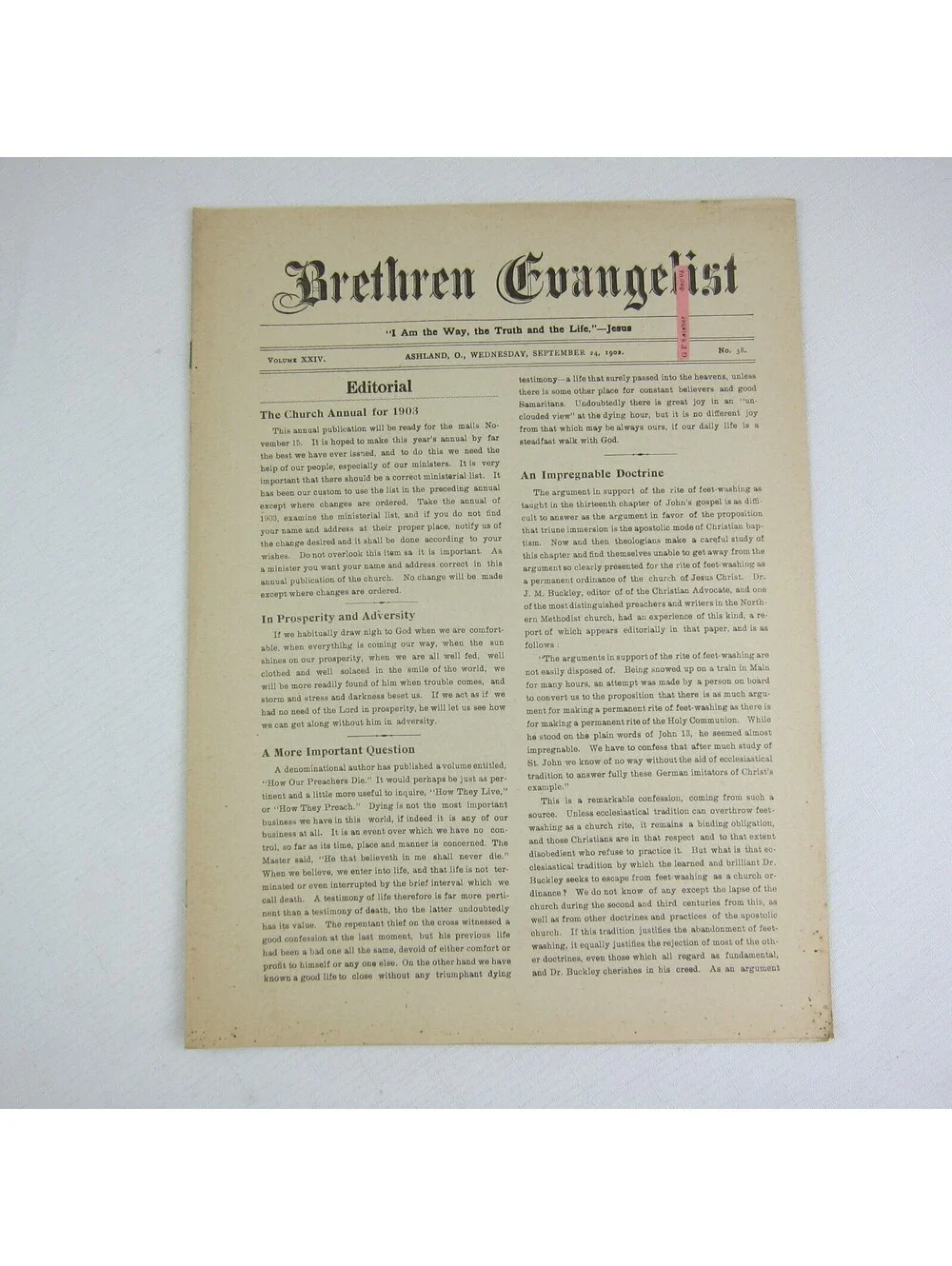 Brethren Evangelist Christian Newspaper Ashland Ohio Antique September 24th 1902